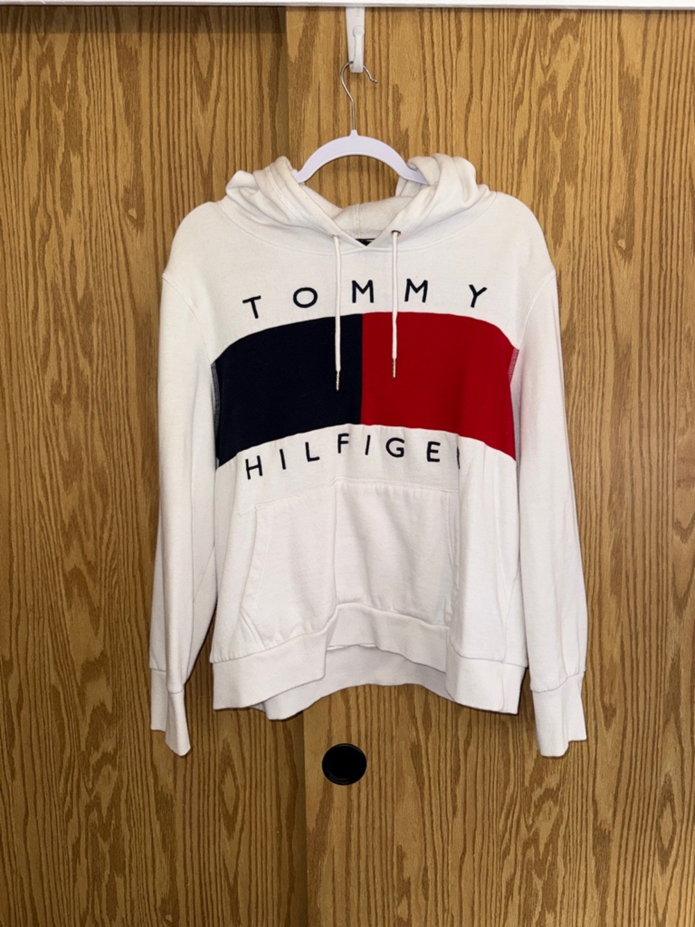 White Tommy Hilfiger Hoodie with Navy and Red Flag Panel